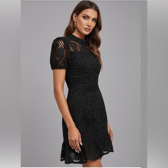 Lace Stand Collar Dress With Ruffle Hem Black - Picture 1 of 6